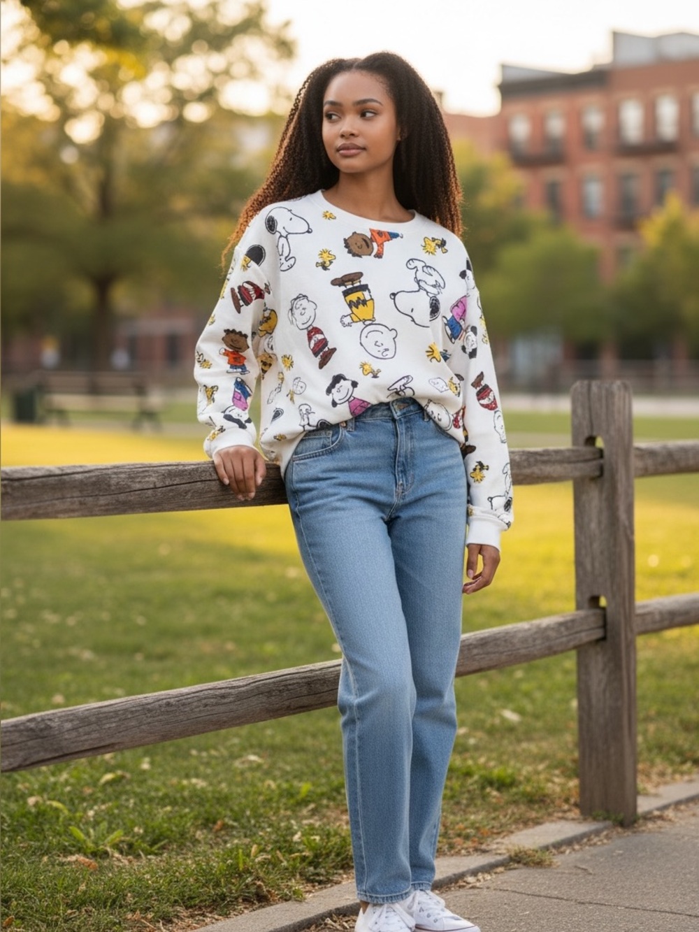 Peanuts White Crewneck Sweater with Multicolor Character Print
